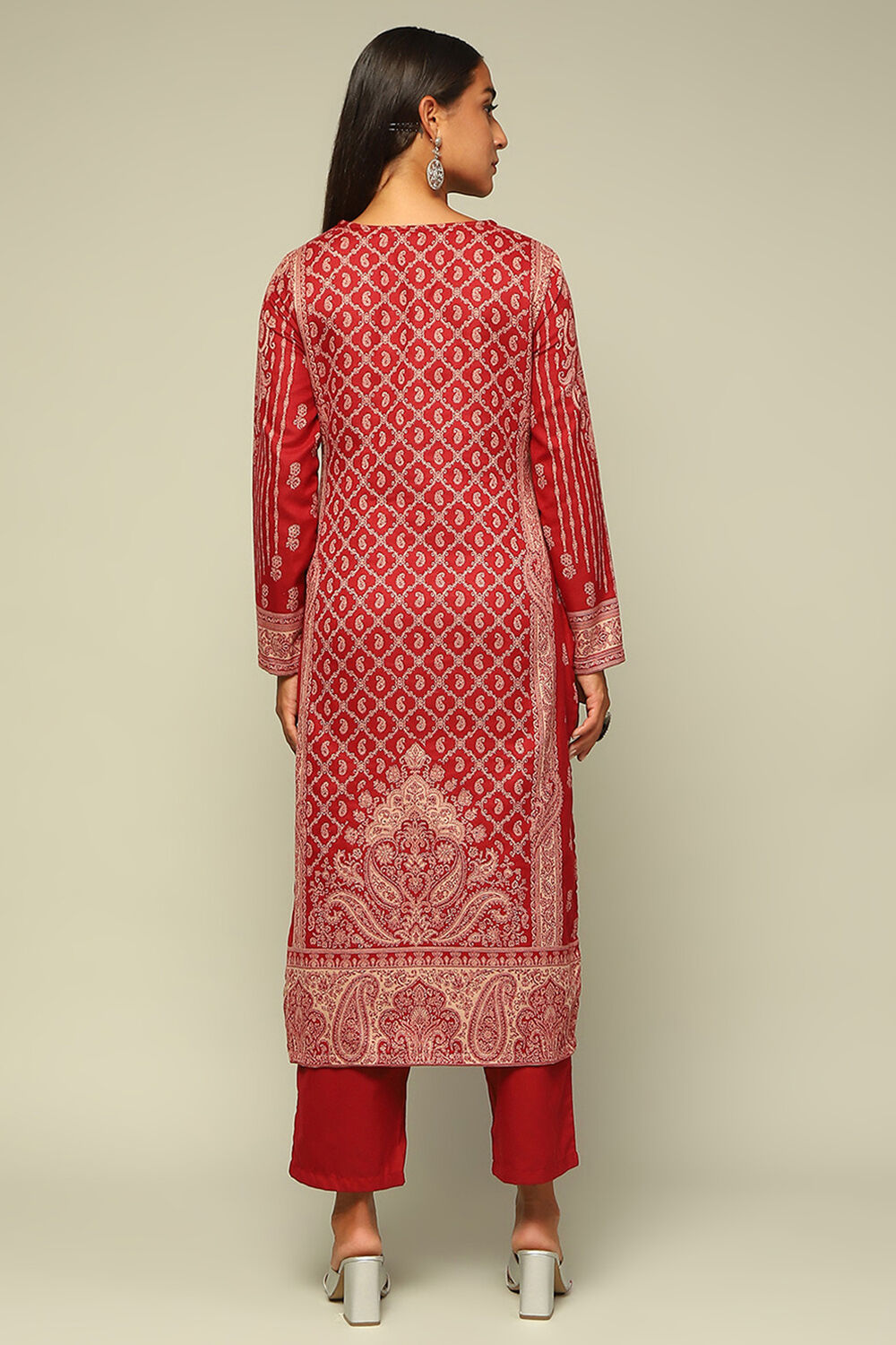 Red Acrylic Straight Yarn Dyed Kurta Palazzo Suit Set image number 4
