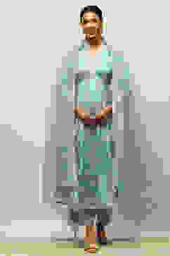 Dusty Blue Viscose Shantoon Kalidar Embroidered Kurta Palazzo Suit Set image number 0