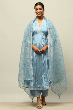 Dusty Blue Viscose Shantoon Kalidar Embroidered Kurta Palazzo Suit Set image number 0