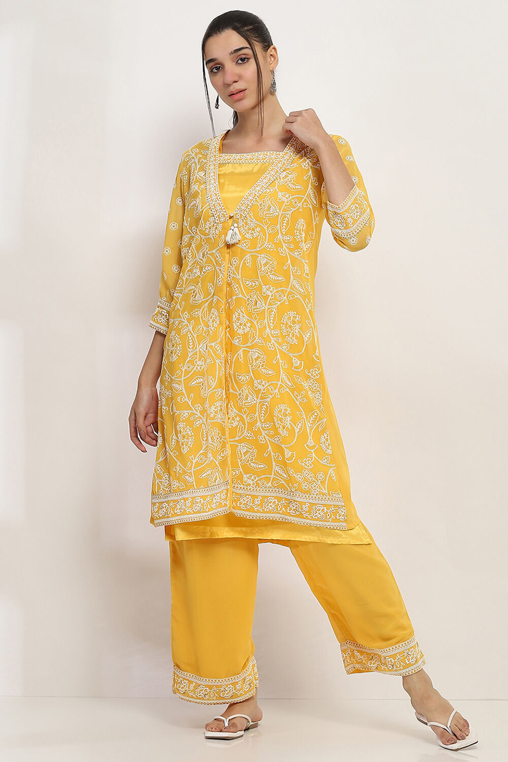 Mustard Yellow Printed Front-Open Kurta image number 5