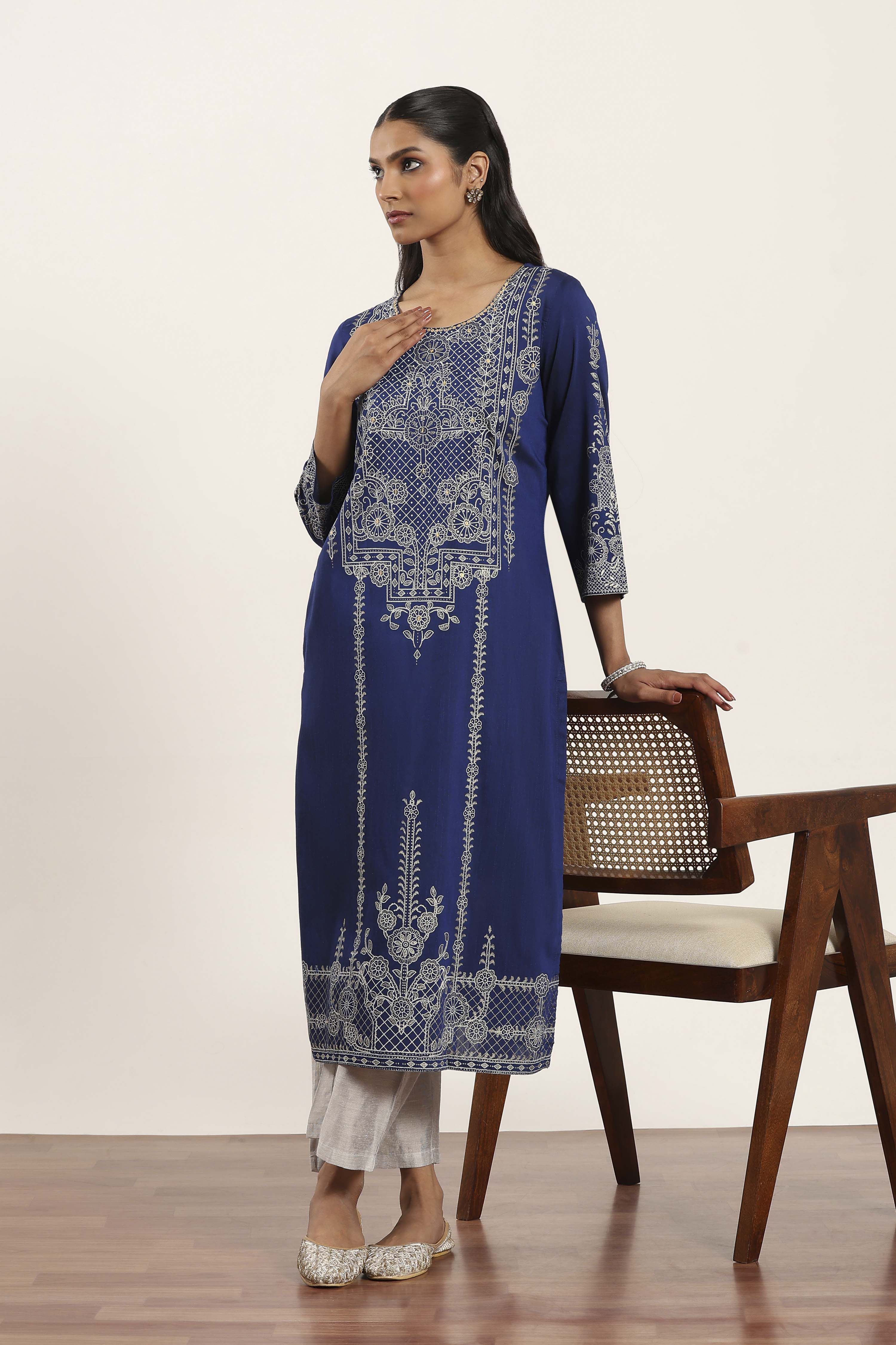 Blue Polyester Straight Kurta Pants Set image number 0