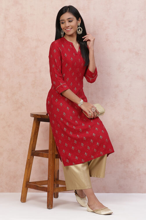 Red Polyester Viscose Straight Kurta image number 0