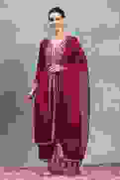 Red Viscose Rayon Embroidered Gathered Suit Set image number 6