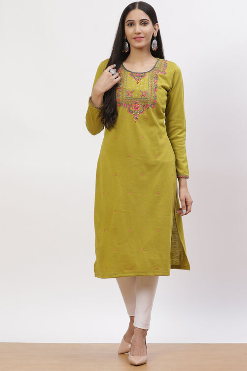 Olive Green Acrylic Straight Kurta image number 0
