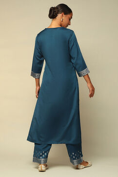 Petrol Blue Acrylic Straight Yarn Dyed Kurta Palazzo Suit Set image number 4
