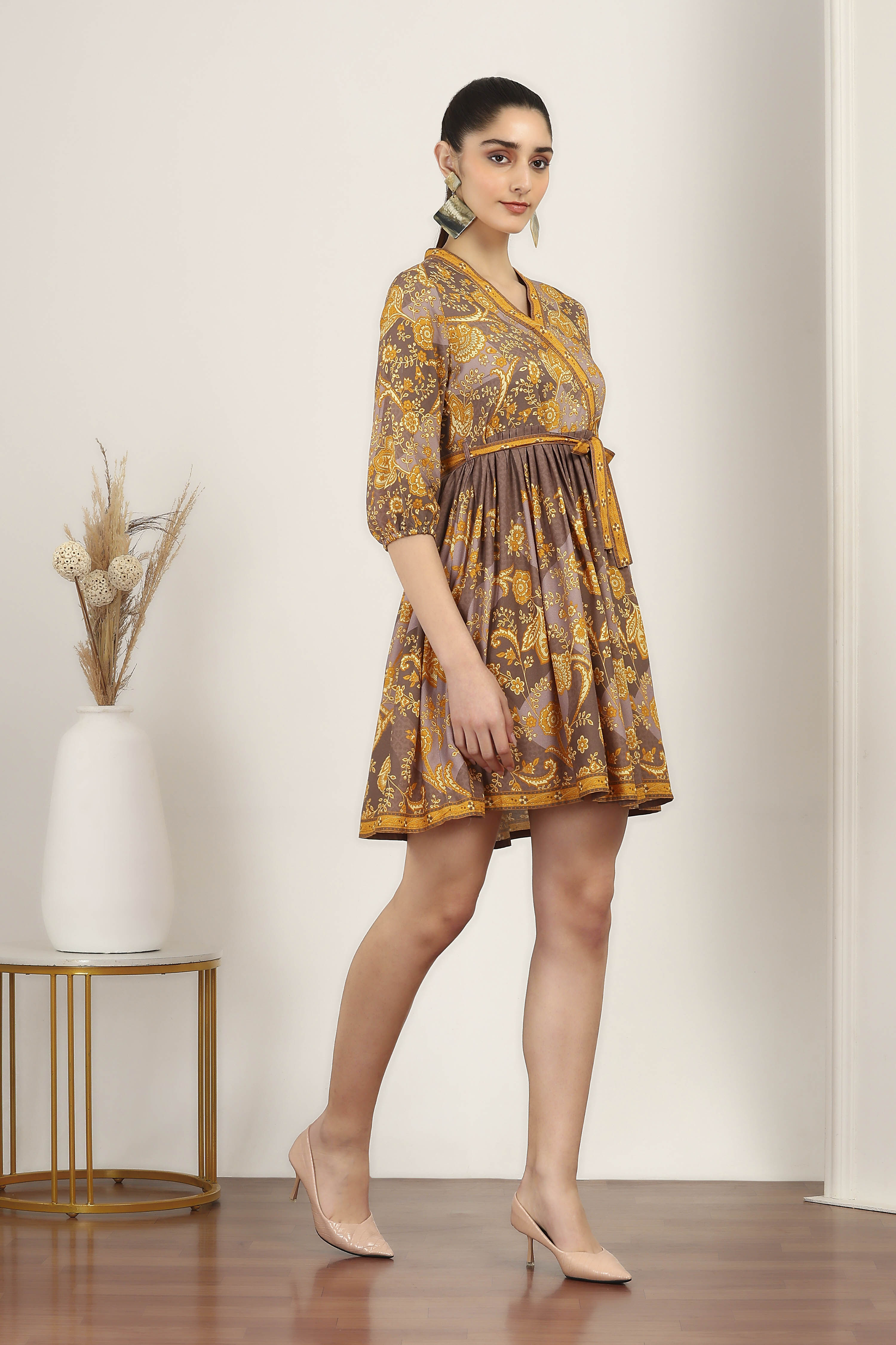 Yellow Rayon Gathered Dresses image number 4