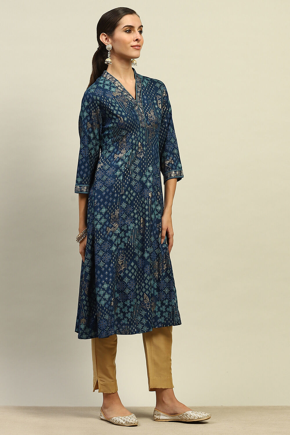 Teal Printed A-line Kurta image number 4