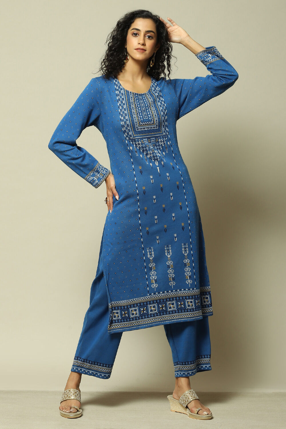 Cobalt Cotton Blend Straight Printed Kurta Palazzo Suit Set image number 0