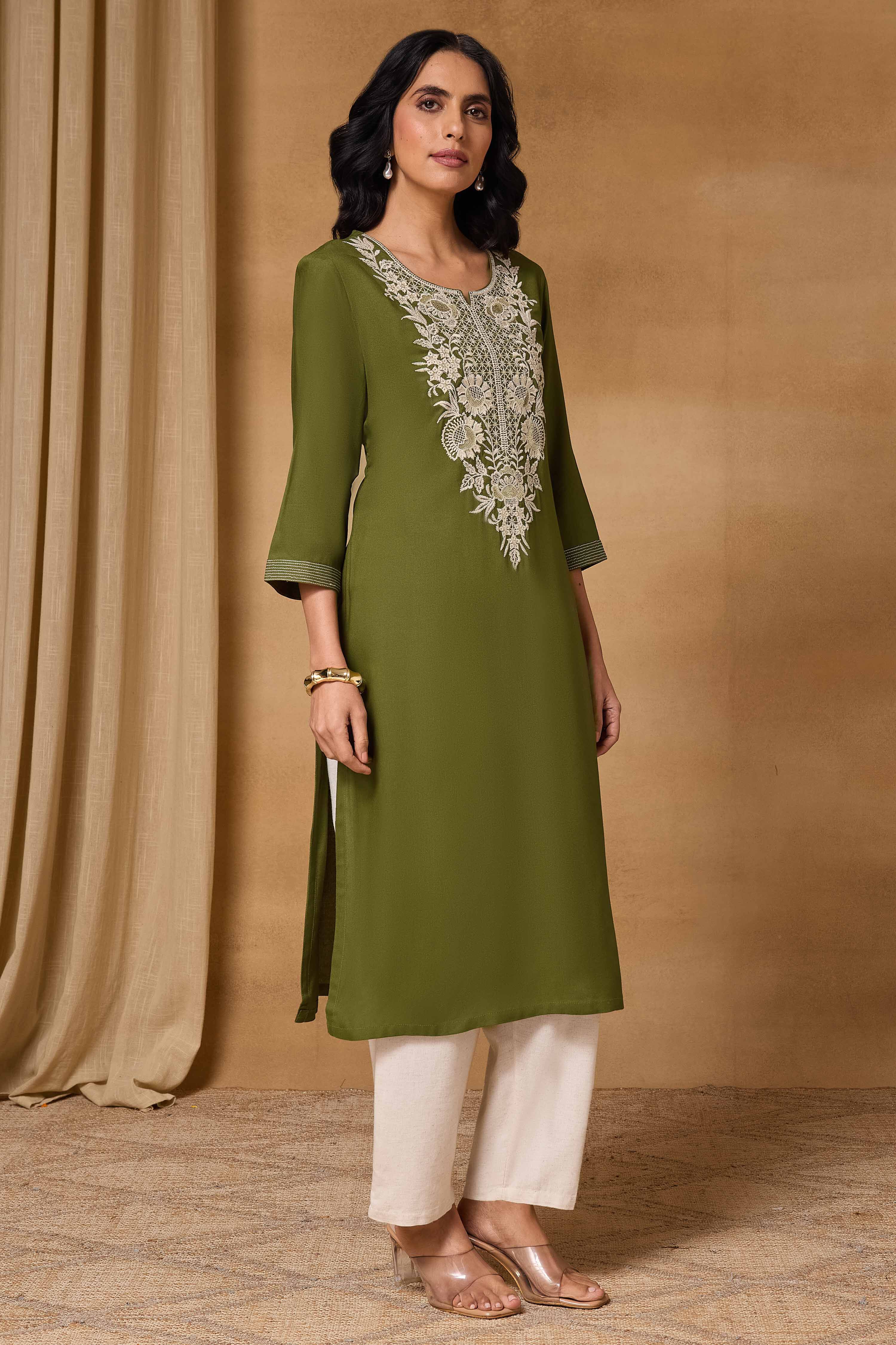 Olive Viscose Rayon Straight Printed Kurta image number 5