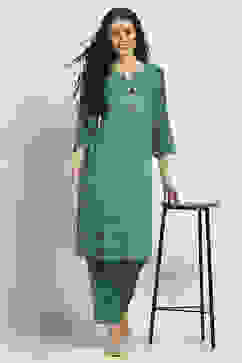 Teal Viscose Rayon Printed Straight Kurta Pants Set image number 0