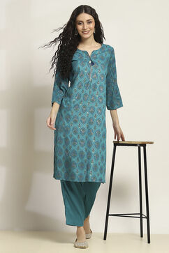 Teal Viscose Rayon Printed Straight Kurta Pants Set image number 0