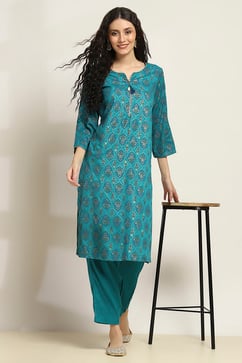 Teal Viscose Rayon Printed Straight Kurta Pants Set image number 0