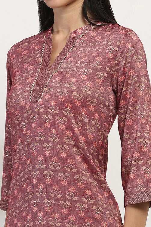 Maroon Printed Straight Kurta Set image number 1
