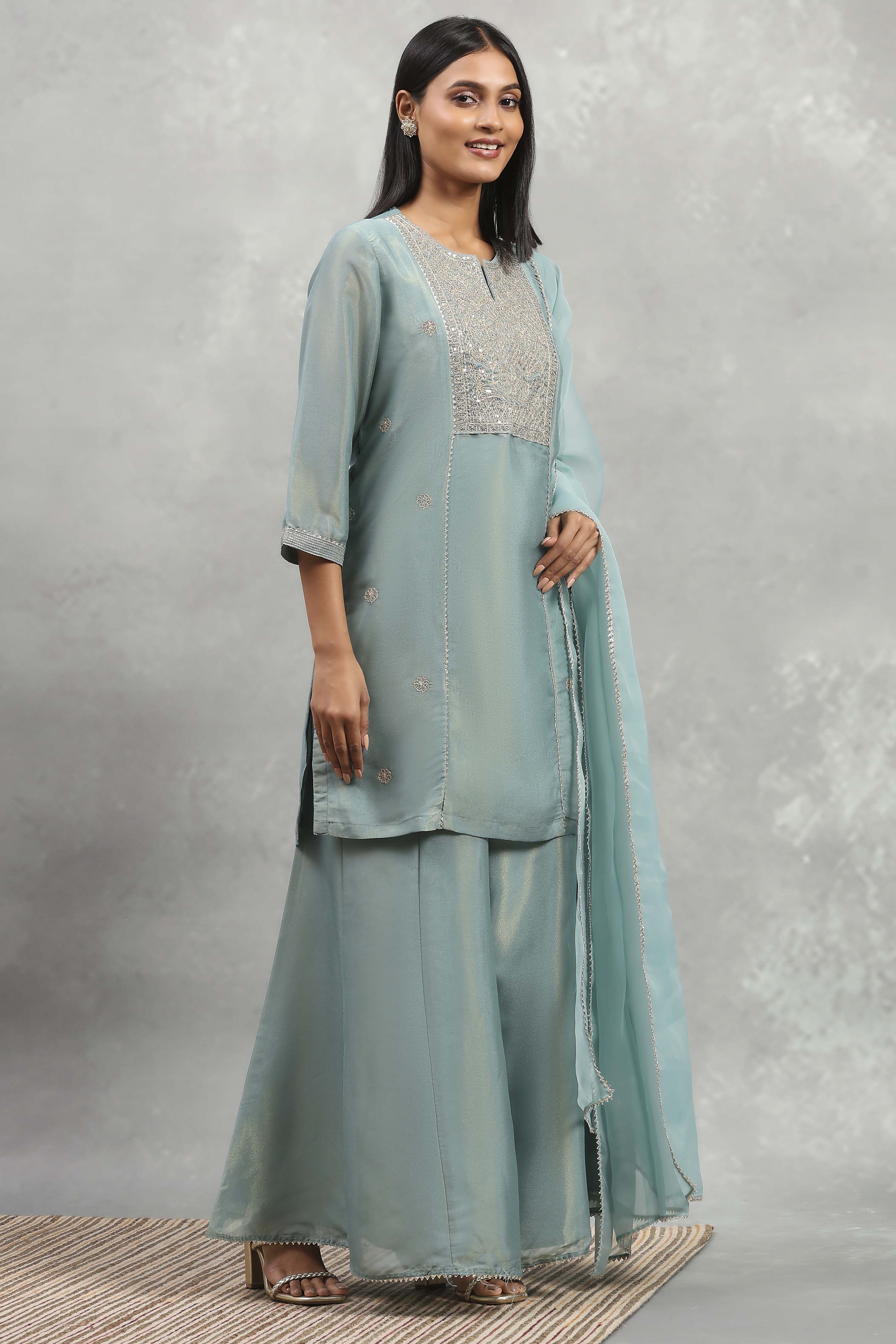 Dust Blue Tissue Solid Straight Suit Set image number 5