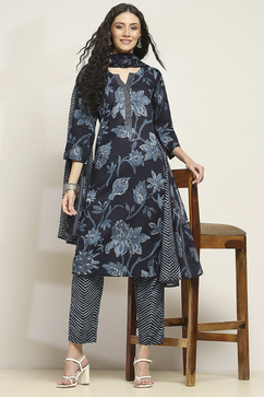 Navy Blue Cotton Floral Printed Straight Suit Set image number 0