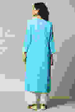 Aqua Blue LIVA Straight Printed Kurta image number 3