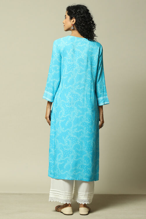 Aqua Blue LIVA Straight Printed Kurta image number 3