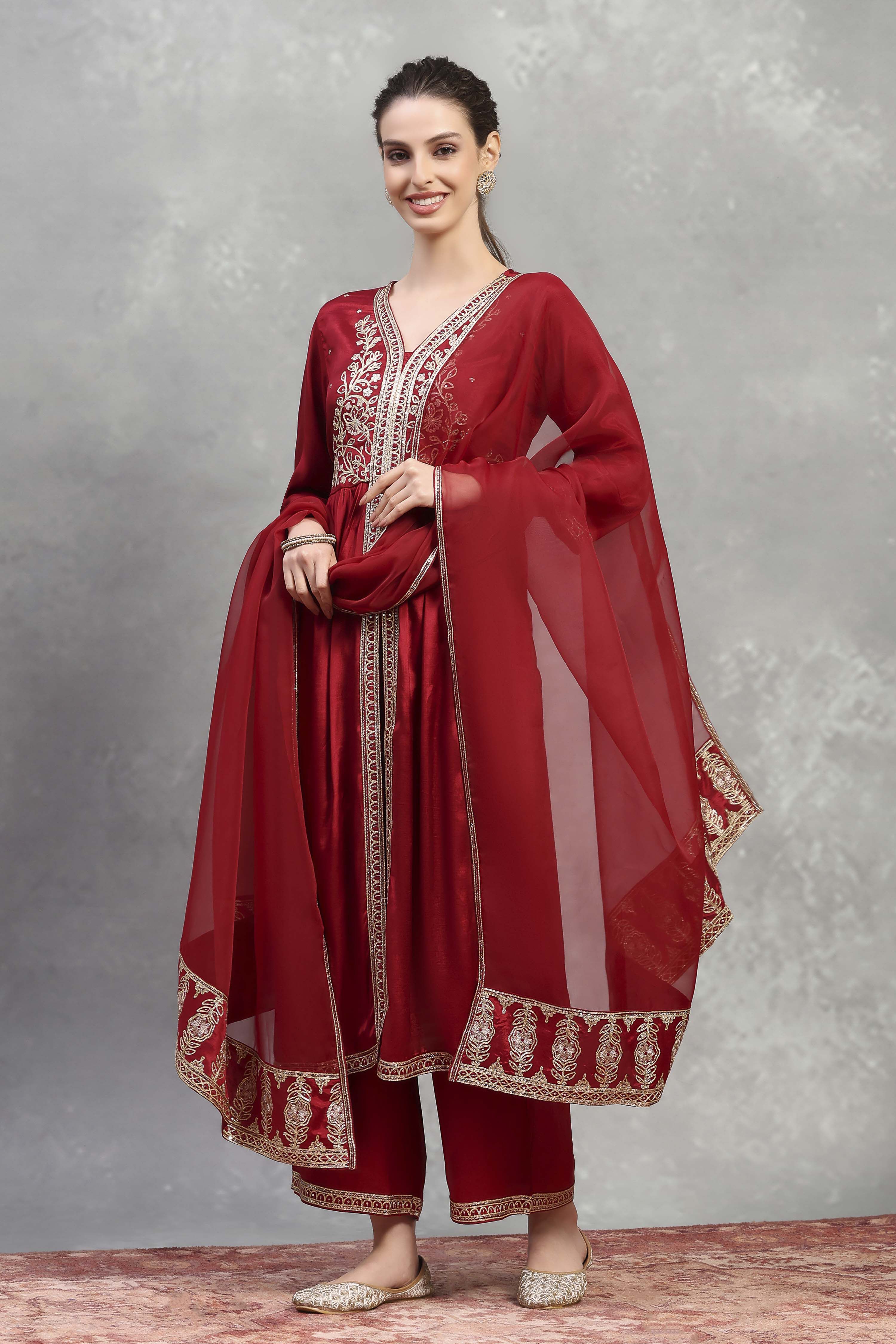 Red Viscose Rayon Embroidered Gathered Suit Set image number 0