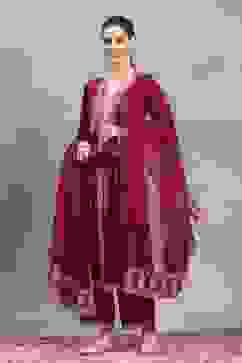 Red Viscose Rayon Embroidered Gathered Suit Set image number 0