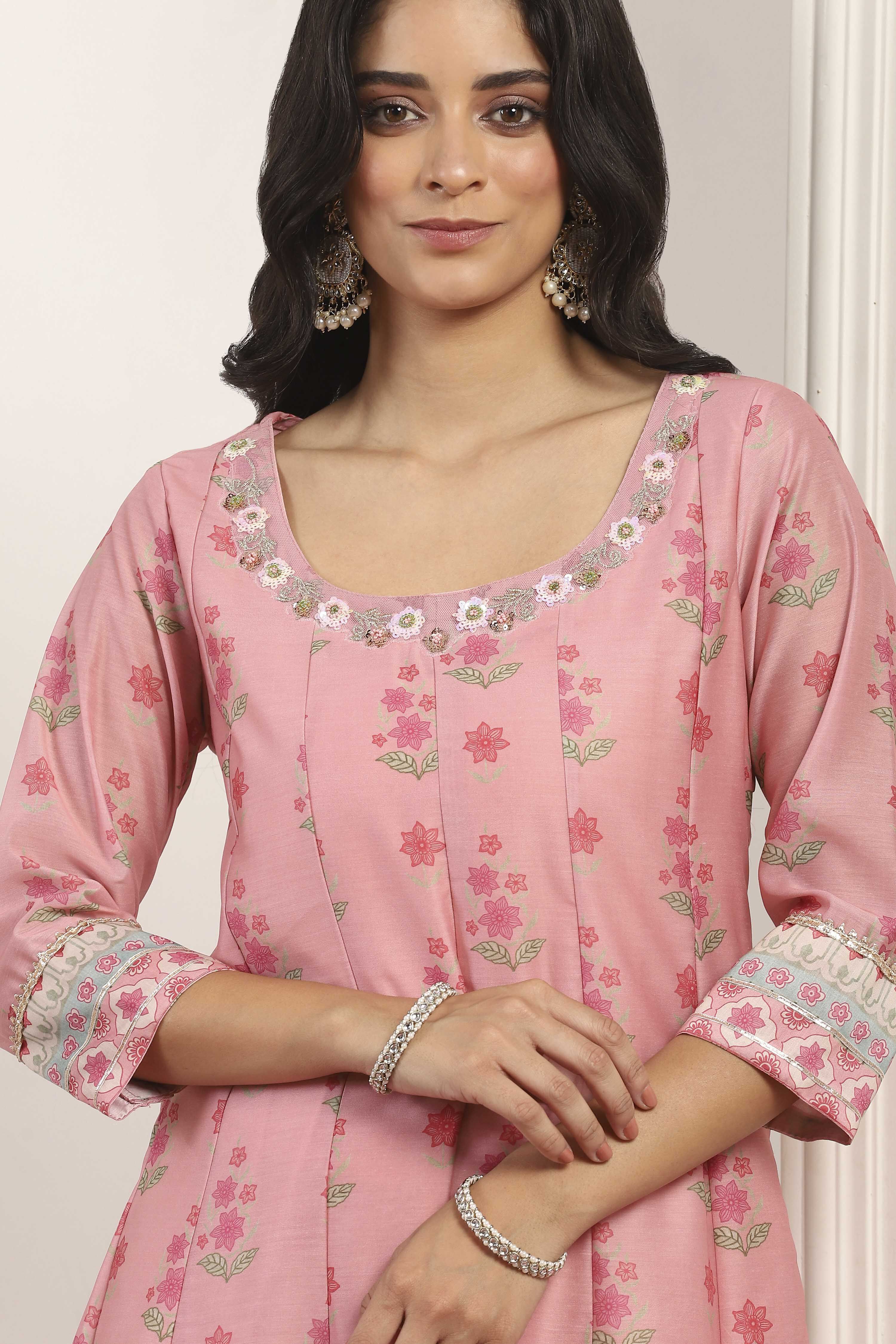 Pink Viscose Polyester A-line & Kalidar Kurtas image number 1