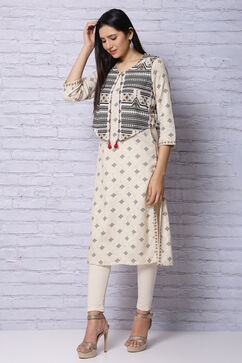 Off White Viscose Kurta With Jacket image number 4