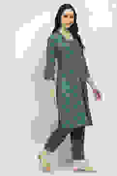 Teal Printed Straight Kurta Set image number 5