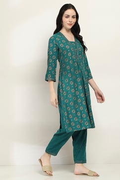 Teal Printed Straight Kurta Set image number 5