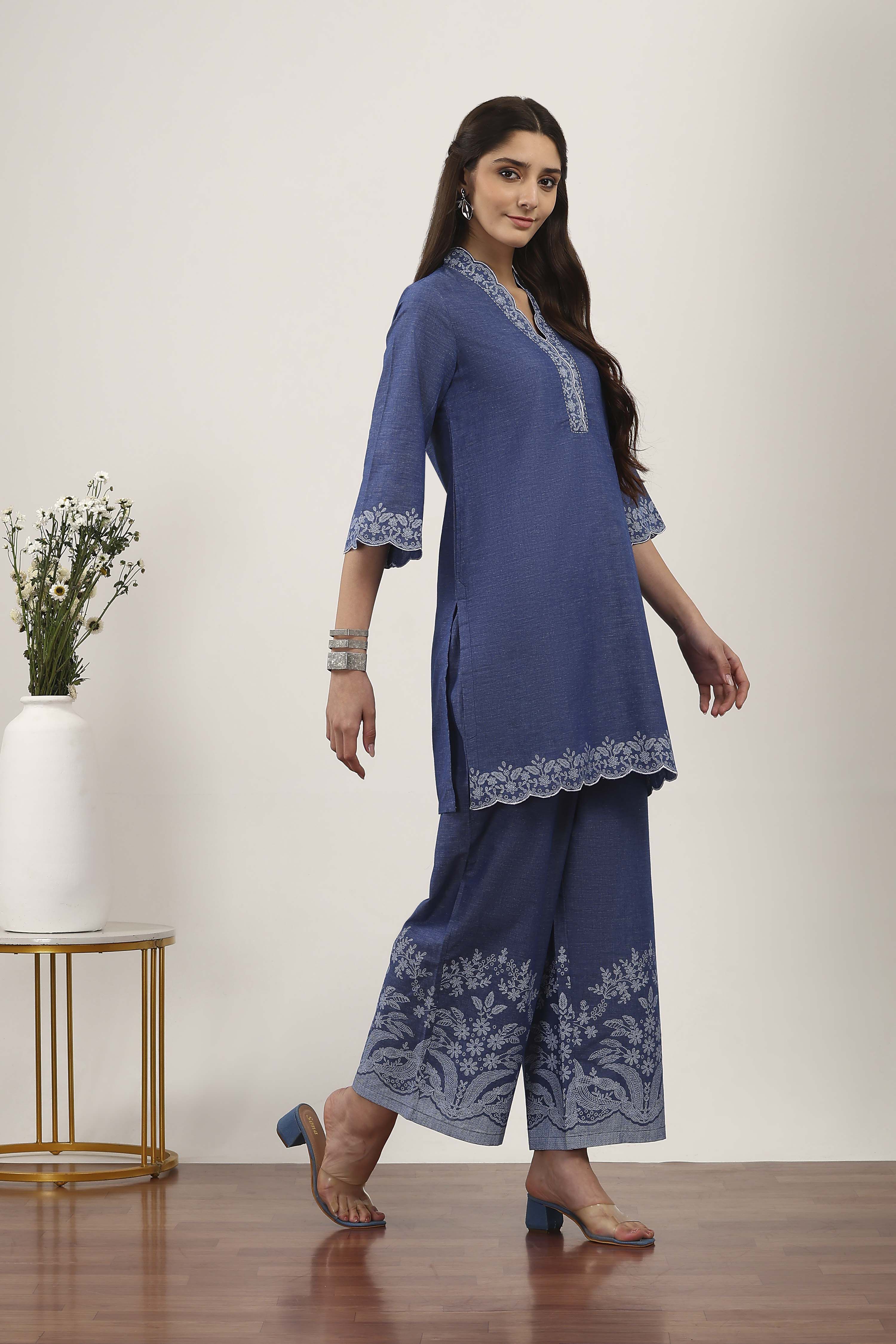 Blue Cotton Kurta Pants Set image number 5