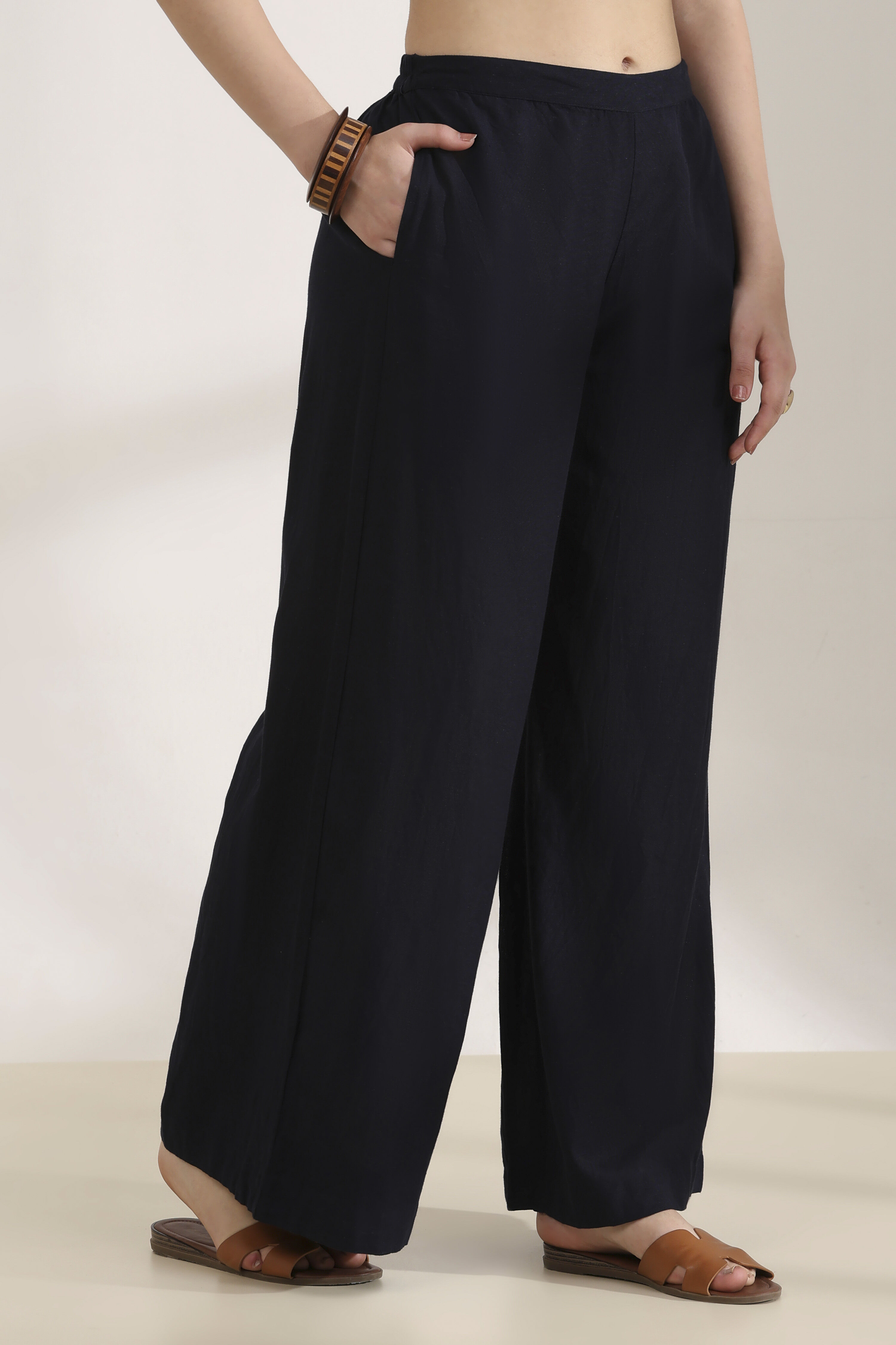 Navy Rayon Straight Palazzos image number 3