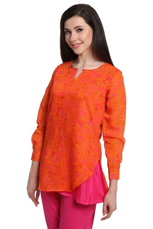 Orange Art Silk Indie Top image number 2