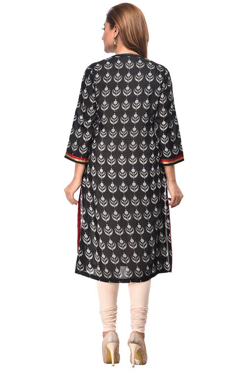 Black Straight Cotton Kurta image number 3