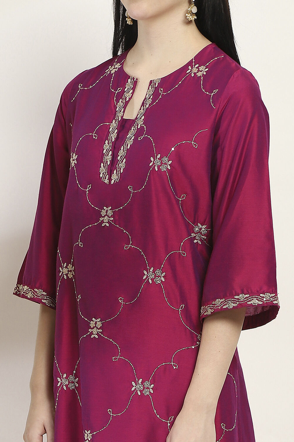 Purple Embroidered Straight Suit Set image number 1