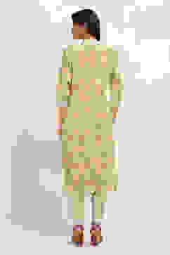 Green Cotton Floral Straight Kurta Set image number 4