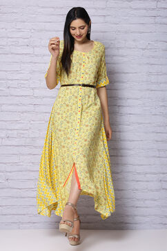 Yellow Viscose Rayon Asymmetric Dress image number 1