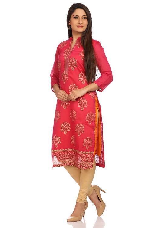 Pink Straight Poly Chanderi Kurta image number 2