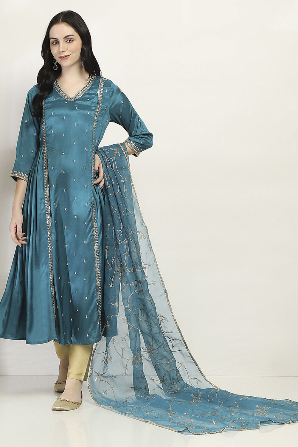 Teal Viscose Gathered Dress image number 0