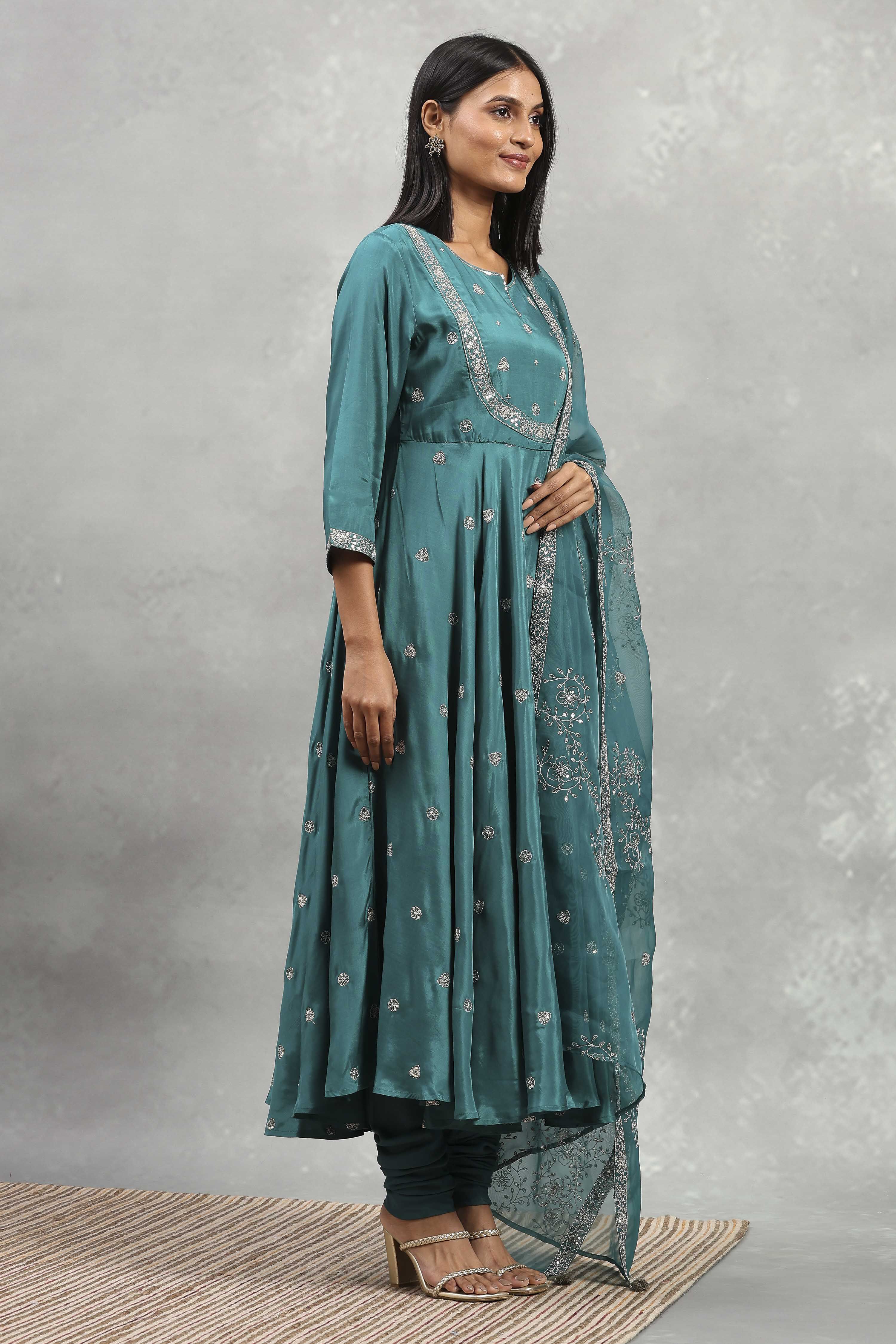 Teal Green Viscose Rayon Embroidered Anarkali Suit Set image number 5