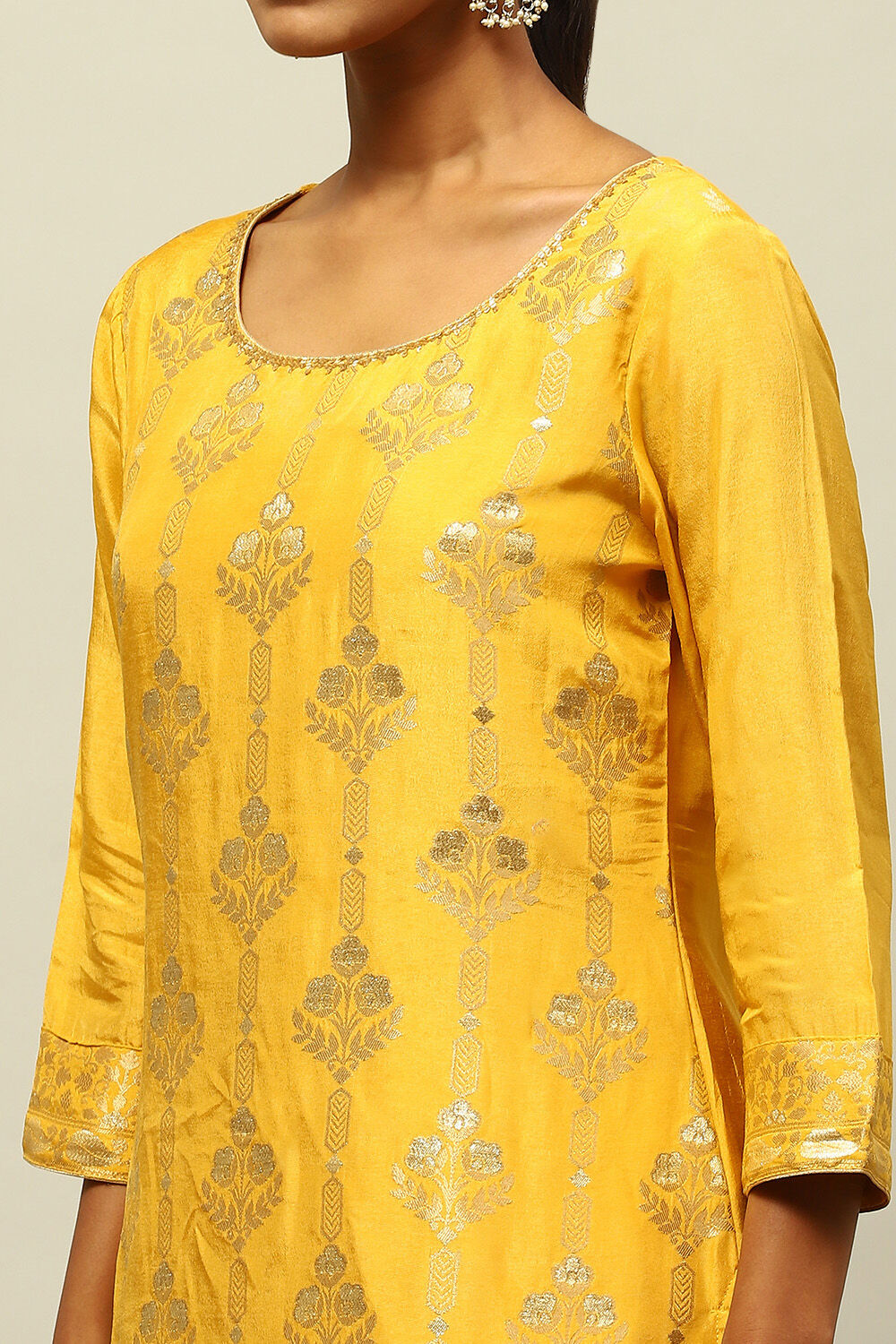 Mustard Yellow Viscose Blend Straight Yarn Dyed Kurta Sharara Suit Set image number 1