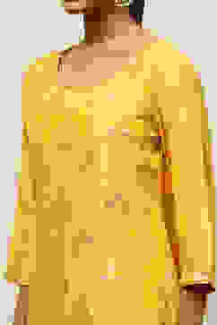 Mustard Yellow Viscose Blend Straight Yarn Dyed Kurta Sharara Suit Set image number 1