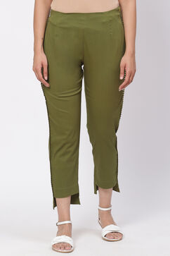 Olive Green Solid Slim Pants image number 0