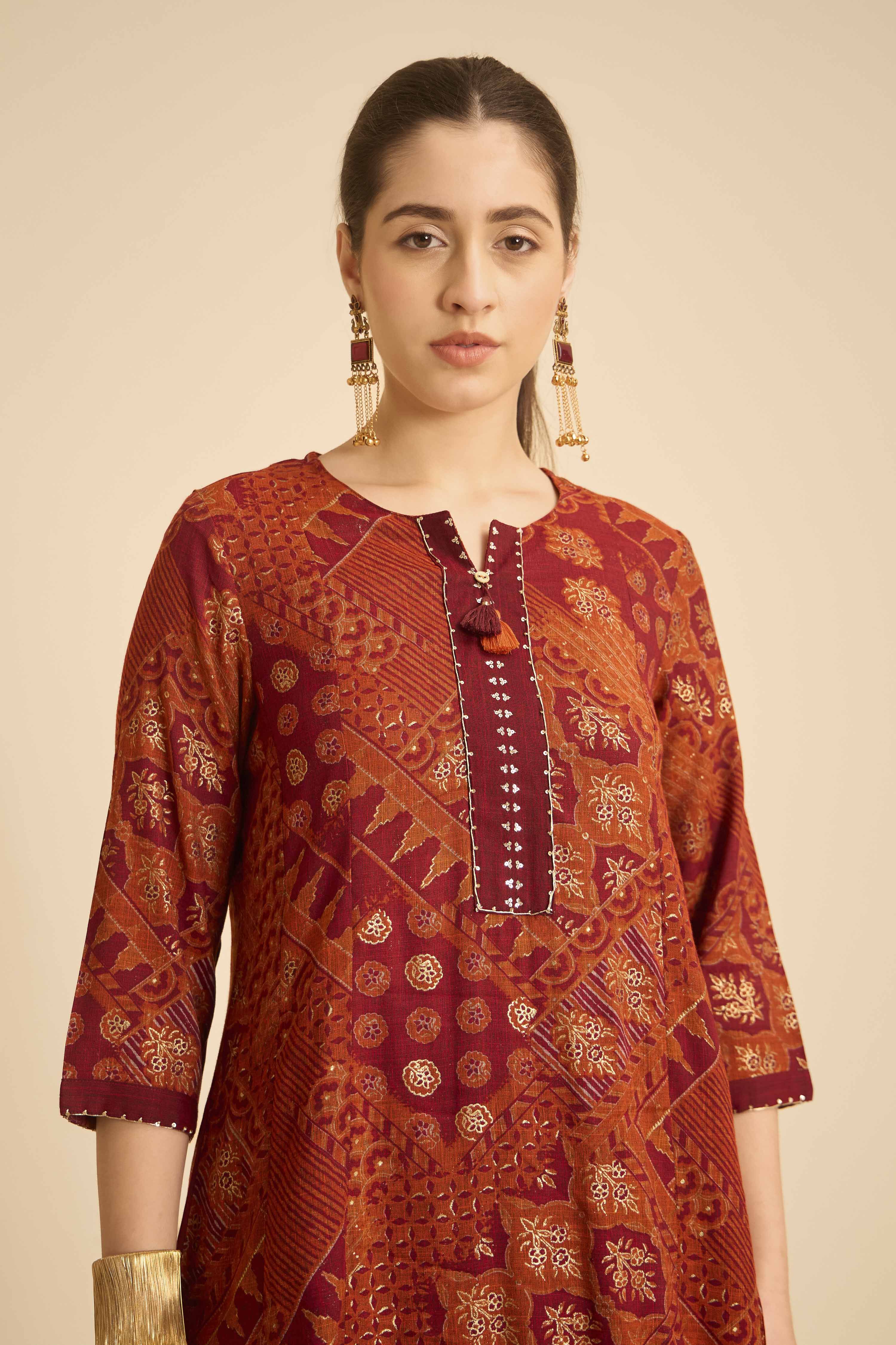 Orange Viscose Blend Straight Printed  image number 1