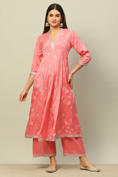 Dusty Pink Viscose Shantoon Kalidar Embroidered Kurta Palazzo Suit Set image number 6
