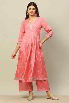 Dusty Pink Viscose Shantoon Kalidar Embroidered Kurta Palazzo Suit Set image number 6