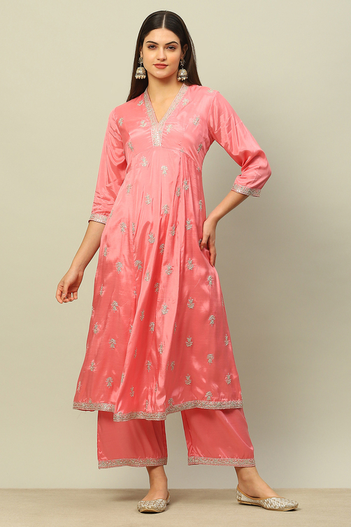 Dusty Blue Viscose Shantoon Kalidar Embroidered Kurta Palazzo Suit Set image number 6