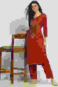 Red Viscose Rayon Printed Straight Kurta Pants Set image number 0