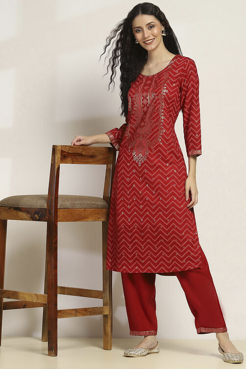 Red Viscose Rayon Printed Straight Kurta Pants Set image number 0
