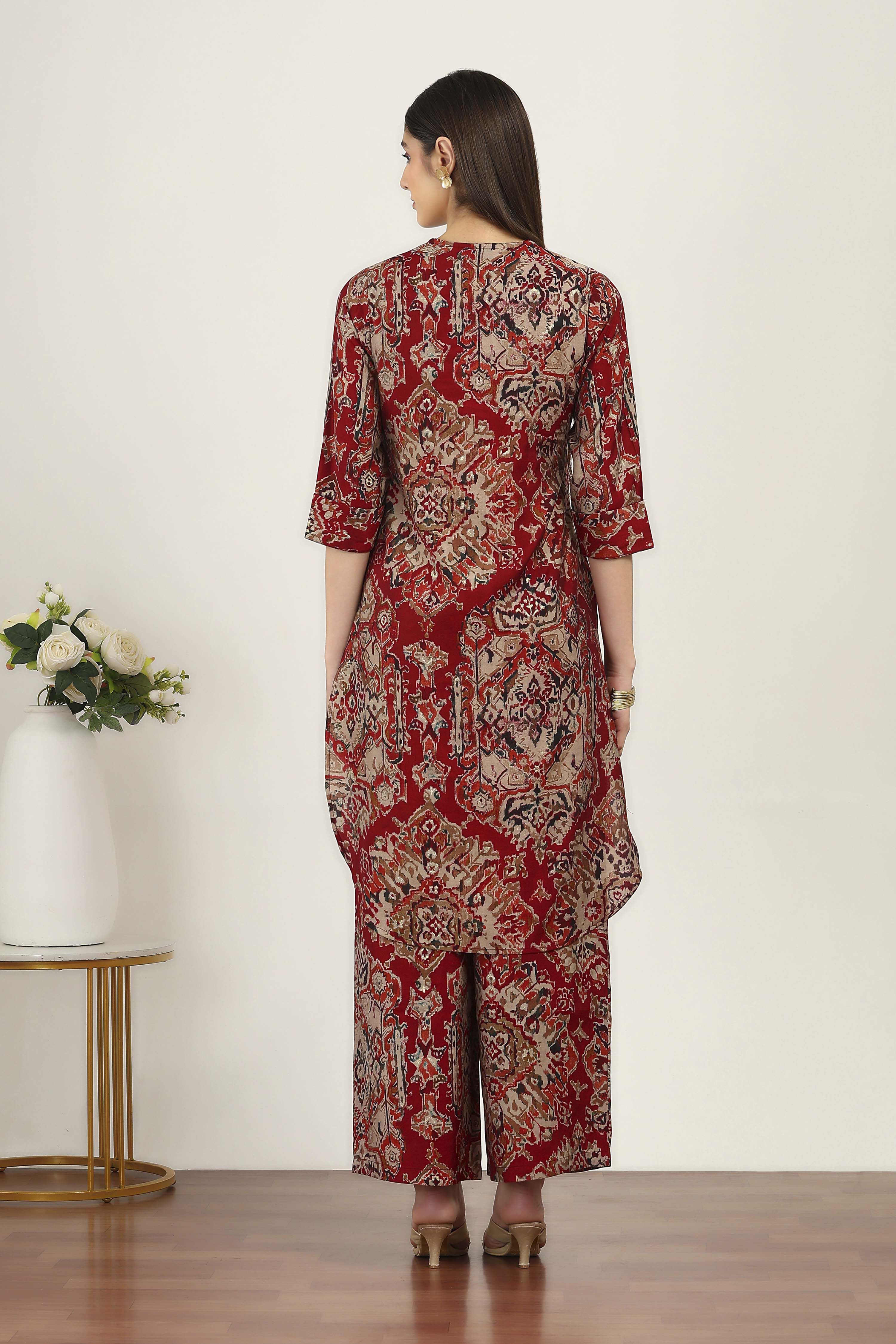 Red Viscose Polyester Viscose Rayon Kurta Pants Set image number 4