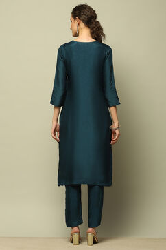 Blue Viscose Blend Straight Yarn Dyed Kurta Palazzo Suit Set image number 4