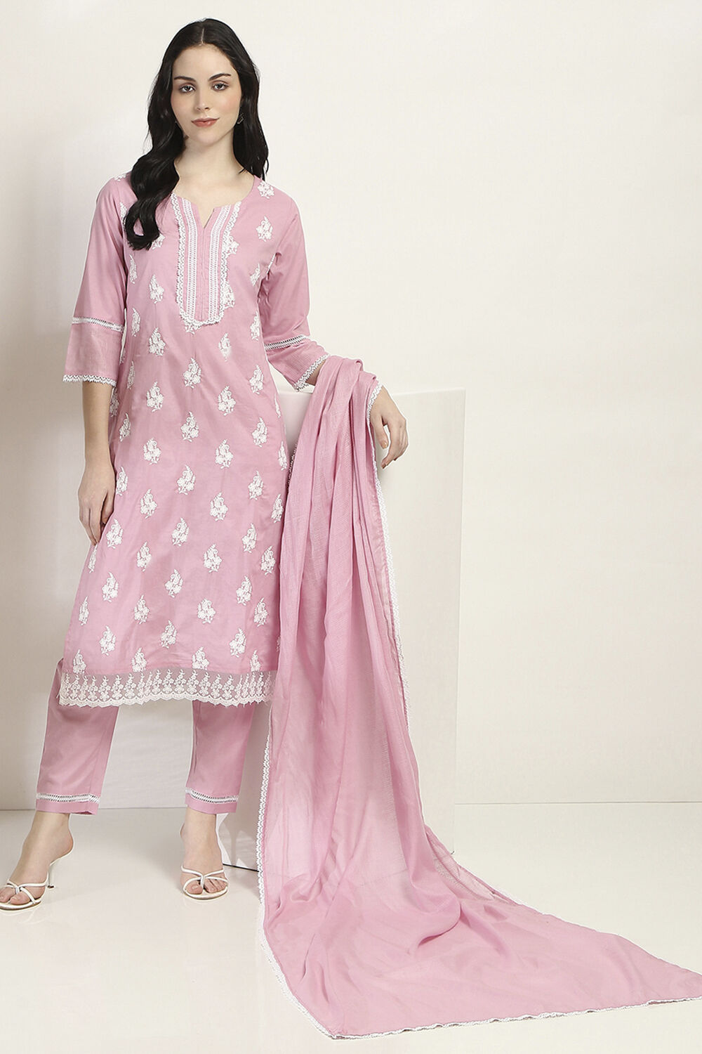 Lilac Cotton Embroidered Straight Suit Set image number 0