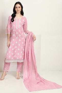 Lilac Cotton Embroidered Straight Suit Set image number 0